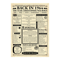 Full view of the 1964 newspaper style birthday design with name headline, year facts, prices and popular books