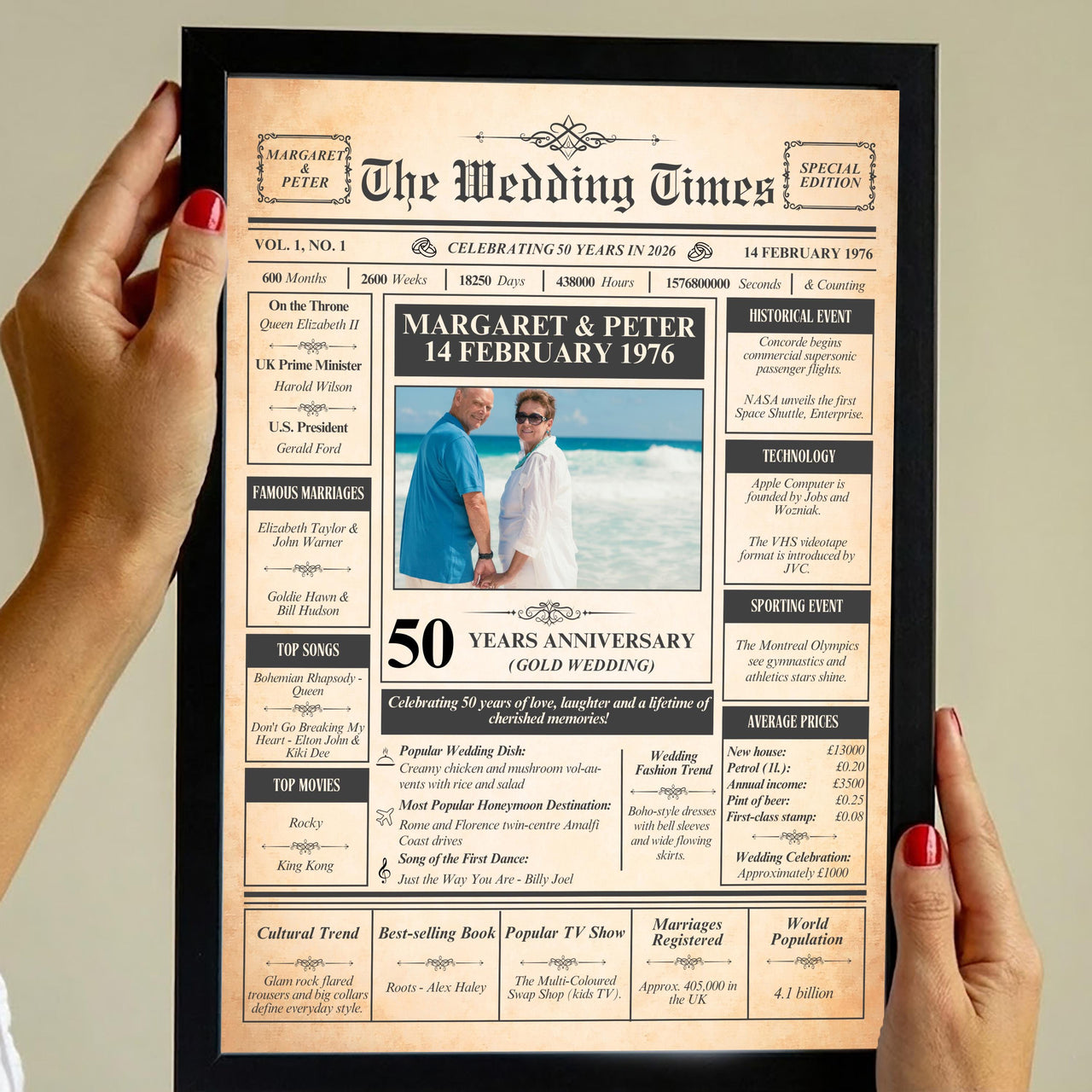 Hands holding a black framed 50th anniversary newspaper print with a beach photo of the couple and their wedding date