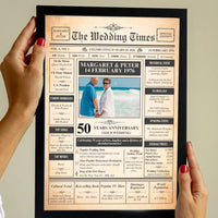 Hands holding a black framed 50th anniversary newspaper print with a beach photo of the couple and their wedding date
