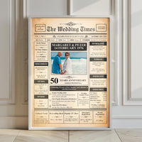 Framed 50th anniversary newspaper style print leaning against a panelled wall on a wooden floor