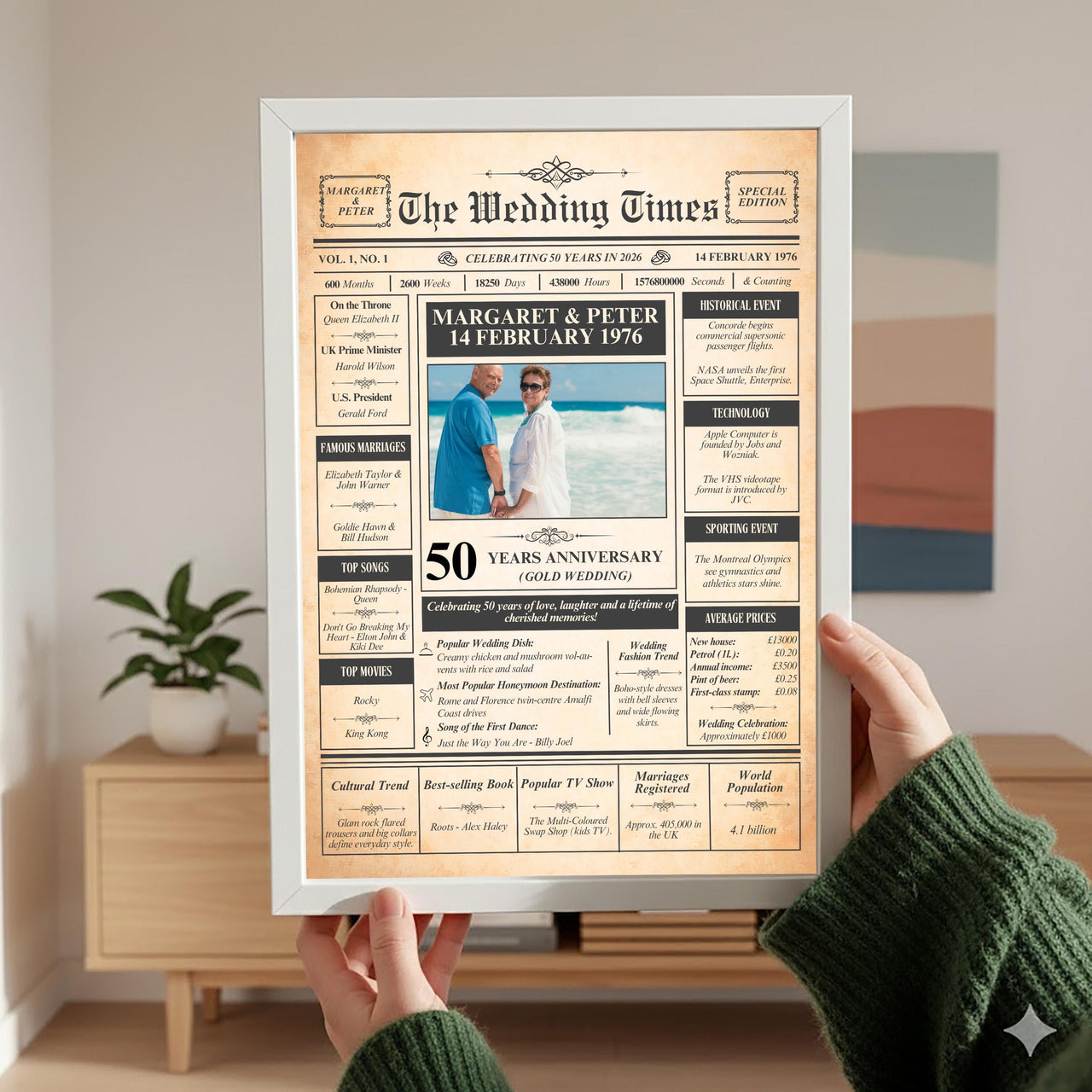 Hands in a green jumper holding a white framed 50th wedding anniversary newspaper print in a living room