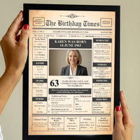 Hands with red nails holding a black framed birthday front page print with a photo of Karen, born 14 June 1963