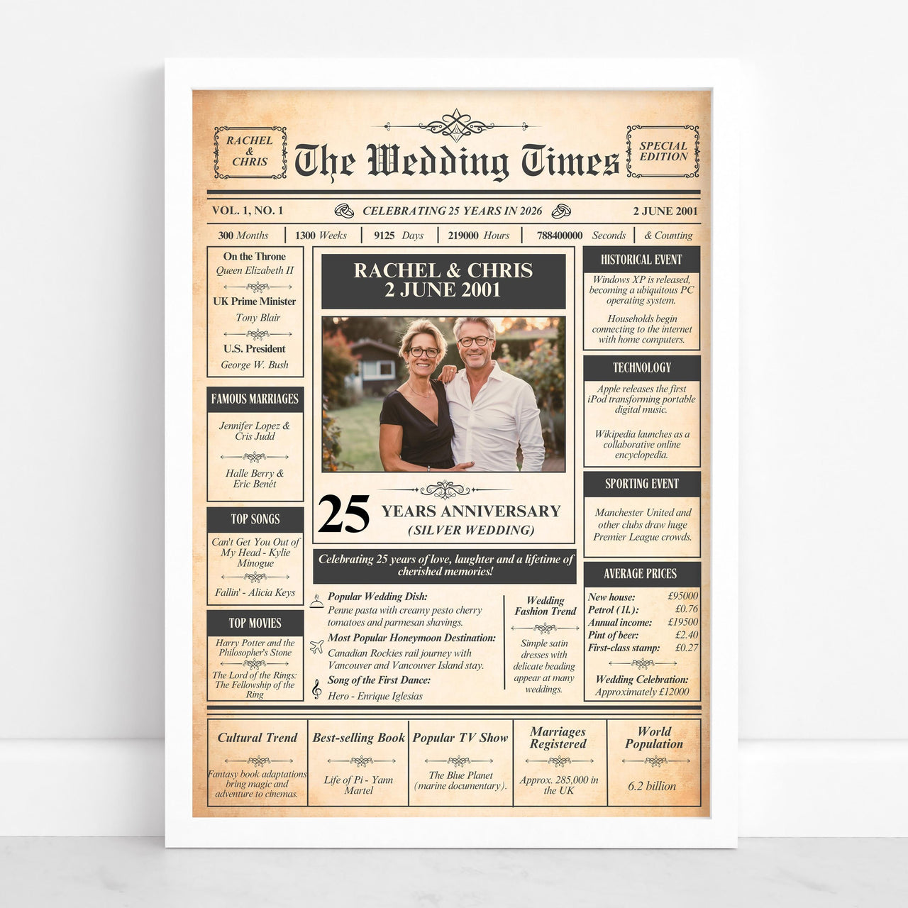 White framed silver wedding anniversary print in vintage newspaper style with a couple photo, names and wedding date