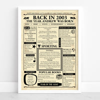 Framed cream newspaper style poster with name and year headline, shown on a plain white background