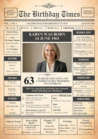 Full design of a birthday front page print with a photo, Karen Was Born 14 June 1963, 63 years and events