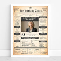 Personalised photo birthday newspaper print in a white frame, celebrating 63 years for Karen, born 1963