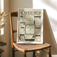 Personalised newspaper style poster in a white frame on a wooden rush seat chair in warm sunlight