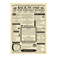 Full design of the Back in 1960 poster with name Margaret, UK prices, sport, slang, books and year of the rat