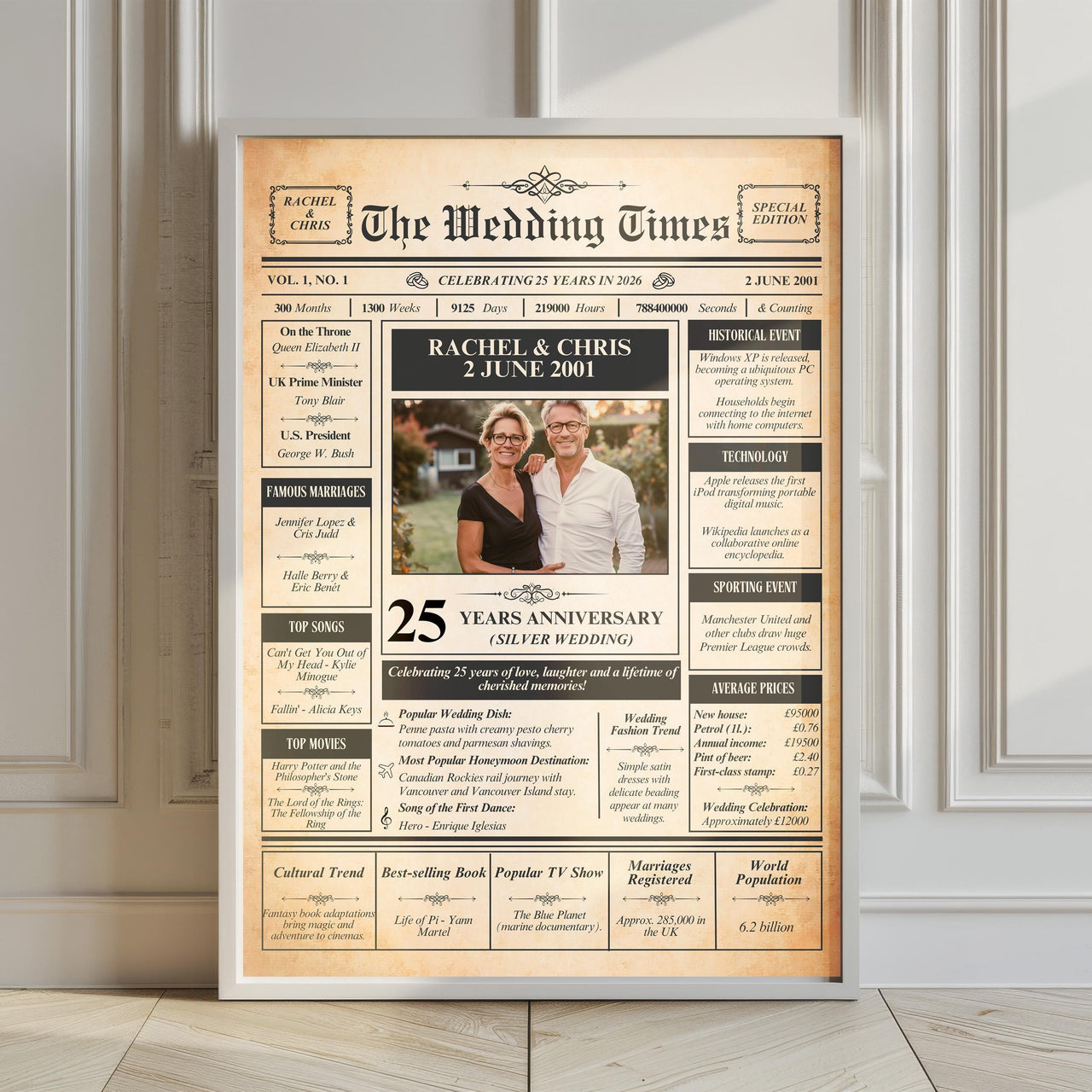 Large framed 25 years anniversary print with a couple photo leaning against a panelled wall on a wooden floor