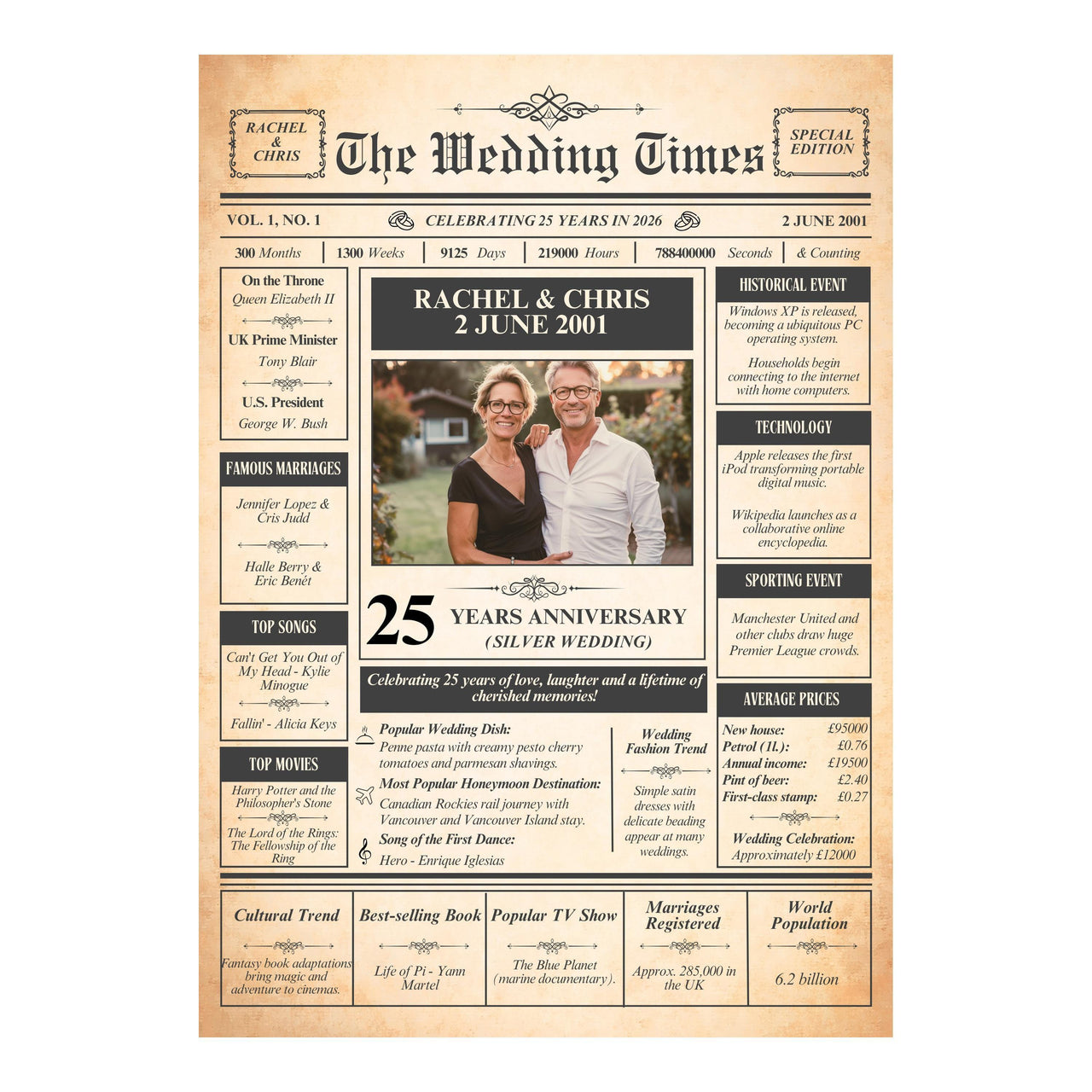 Full view of the unframed silver anniversary newspaper design with couple photo, wedding date and facts from that year