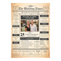 Full view of the unframed silver anniversary newspaper design with couple photo, wedding date and facts from that year