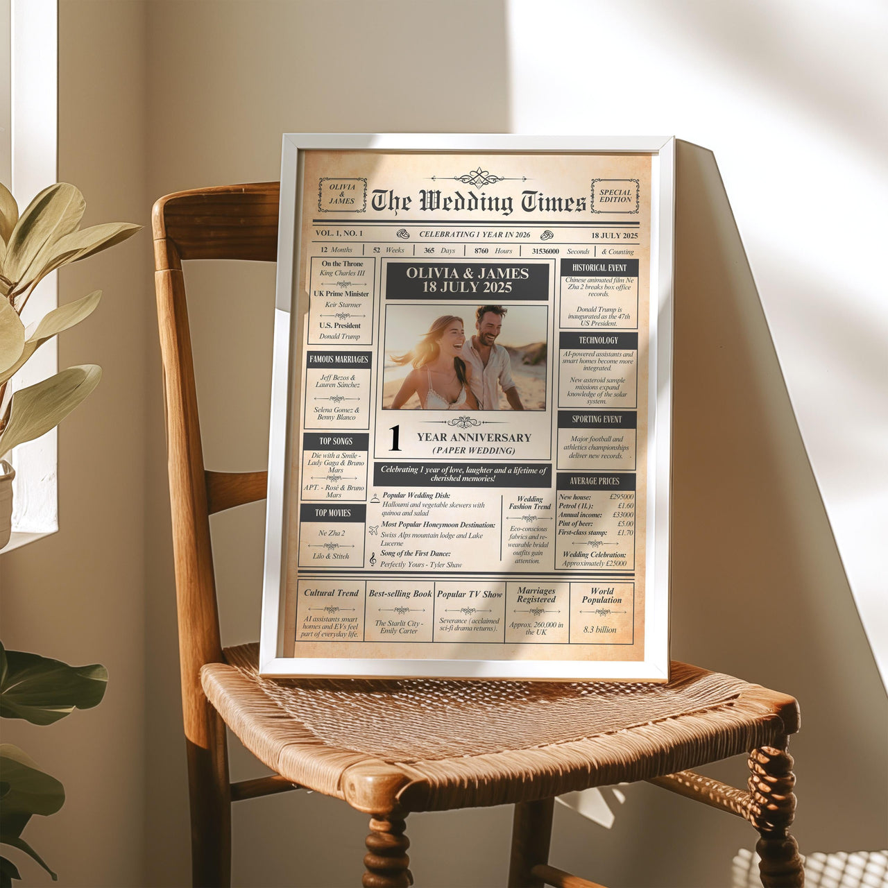 Vintage style anniversary newspaper print with couple photo in a white frame on a wooden chair in sunlight