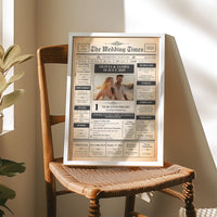 Vintage style anniversary newspaper print with couple photo in a white frame on a wooden chair in sunlight