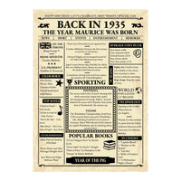 Back in 1935 newspaper style birthday poster shown flat without a frame, aged paper look with name headline