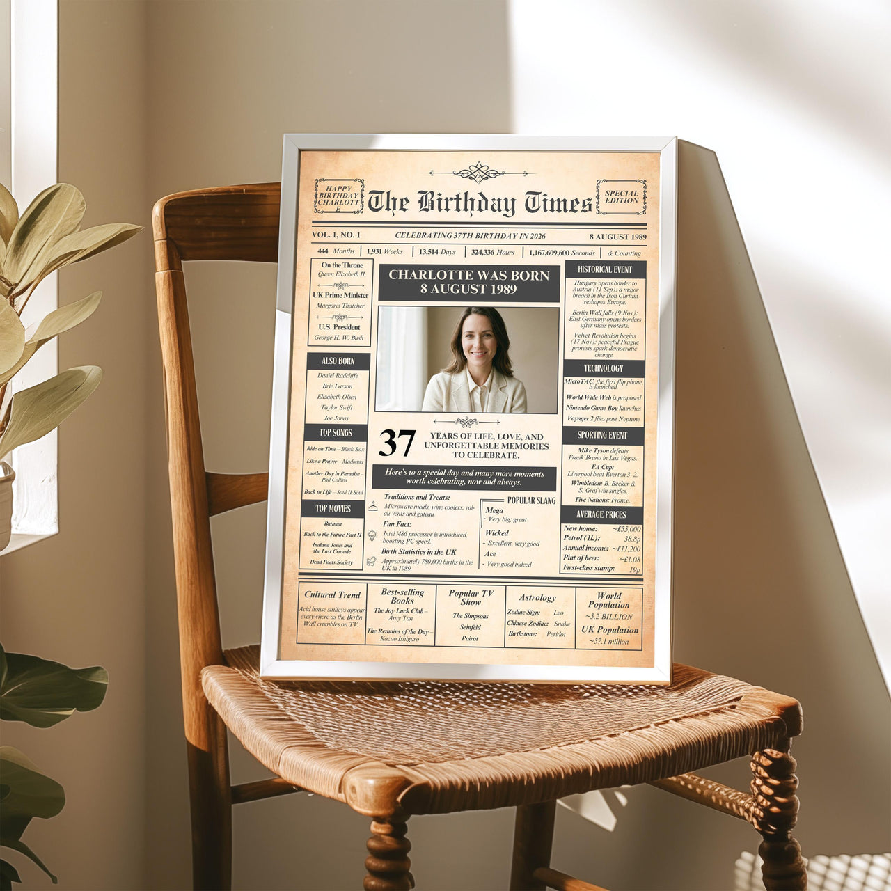 White framed photo birth year poster for Charlotte resting on a wooden rattan chair in sunlight