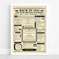 White framed 1961 birth year poster with year facts, golf and football news, books and cinema list