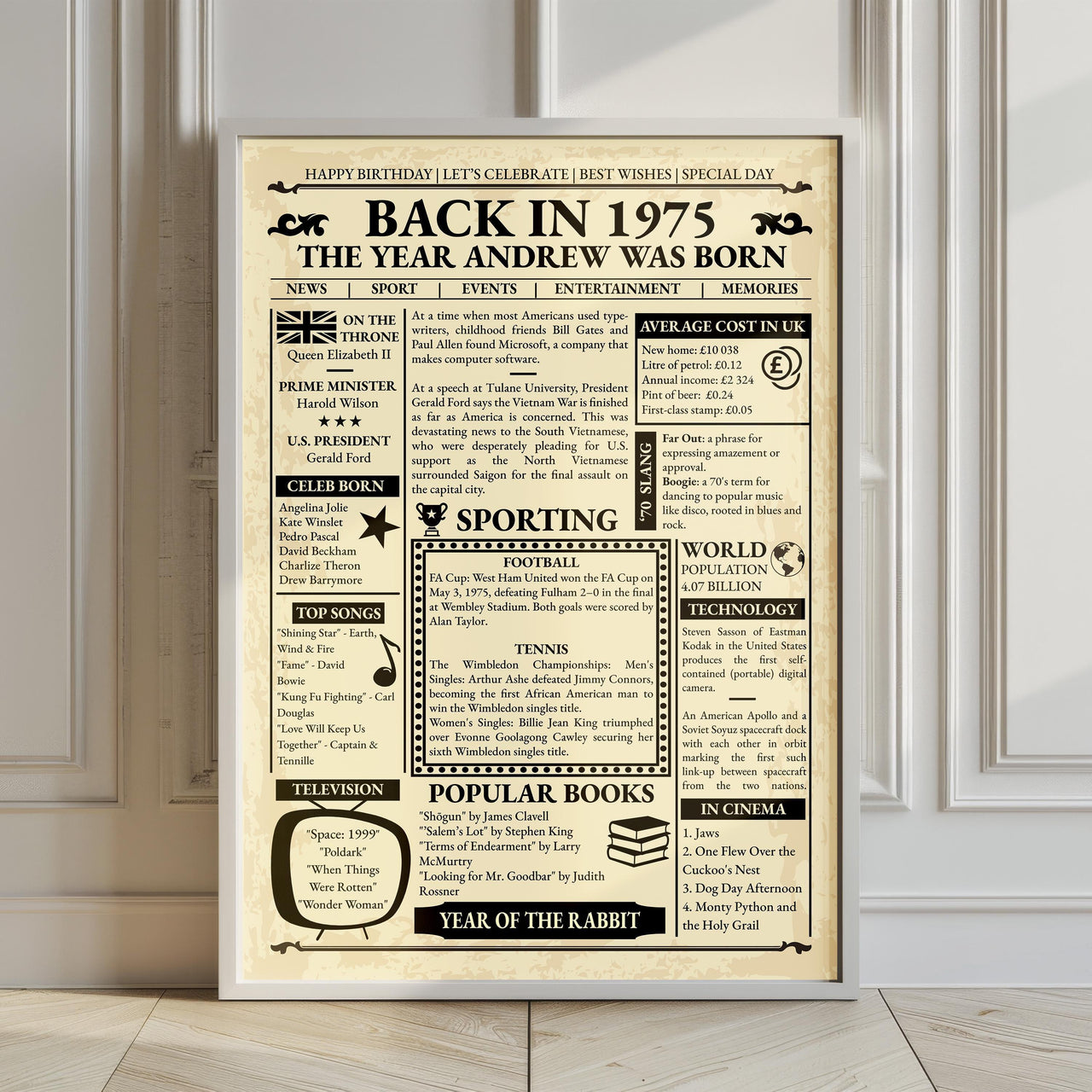 Framed vintage 1975 front page print leaning against a panelled wall, with personalised birth year headline