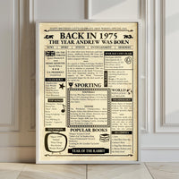 Framed vintage 1975 front page print leaning against a panelled wall, with personalised birth year headline