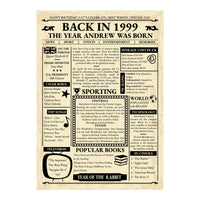 Full design view of the 'Back in 1999' newspaper print with name headline, UK prices, sport, slang and cinema sections