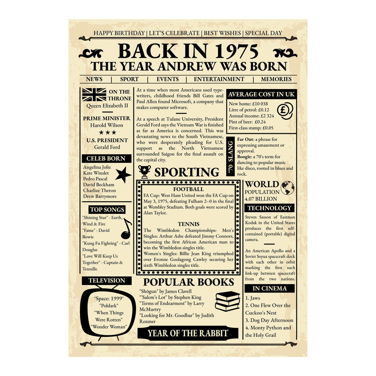 Unframed Back in 1975 newspaper style design with a custom name and facts on prices, sport, music and cinema