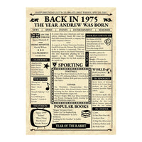 Unframed Back in 1975 newspaper style design with a custom name and facts on prices, sport, music and cinema