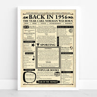 Framed 1956 vintage front page print reading 'The year Carl Norman was born', standing against a white wall