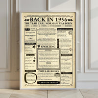 Large framed 'Back in 1956' birthday print leaning against a panelled wall on a light wooden floor