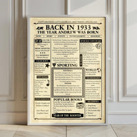 Framed Back in 1933 newspaper style poster leaning against a panelled wall on a wooden floor