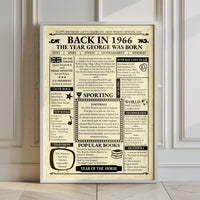 Large 1966 birthday newspaper poster in a white frame leaning against a panelled wall on a wooden floor