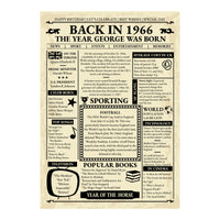 Full design of a personalised 1966 newspaper poster with UK prices, football report and Year of the Horse