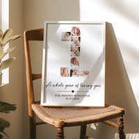 First birthday photo print with eight baby pictures forming a number 1, framed on a wooden chair in sunlight