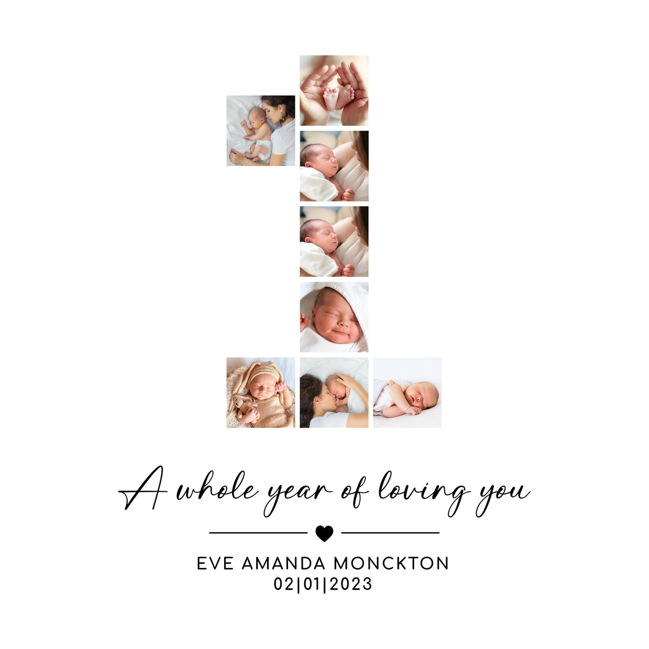 Full view of the unframed number 1 collage of newborn photos with a heart divider, name and date