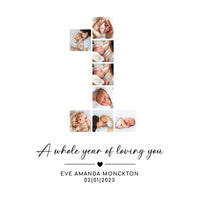 Full view of the unframed number 1 collage of newborn photos with a heart divider, name and date