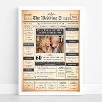 60th anniversary newspaper poster with couple photo and names Pauline and Arthur, white frame against a wall