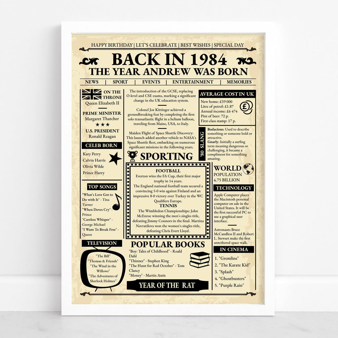 White framed 1984 birthday newspaper print on cream paper with news, prices, sport and charts from that year