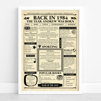 White framed 1984 birthday newspaper print on cream paper with news, prices, sport and charts from that year