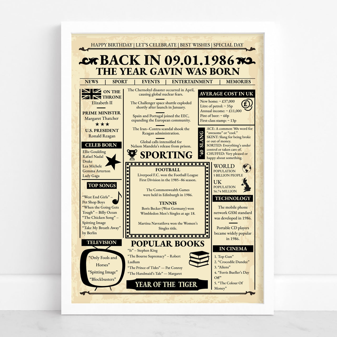 Newspaper style 1986 birthday print in a white frame with the headline The Year Gavin Was Born on a cream page