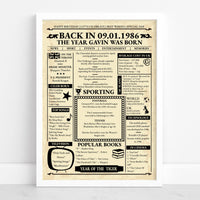 Newspaper style 1986 birthday print in a white frame with the headline The Year Gavin Was Born on a cream page