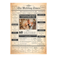 Full design view of the 60th anniversary newspaper print with central couple photo, facts columns and vintage paper look