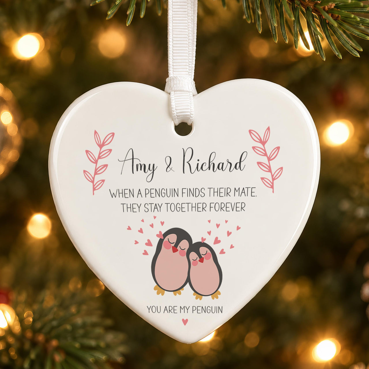 Penguin couple ceramic heart ornament: two pink penguins with hearts, Amy & Richard and You Are My Penguin