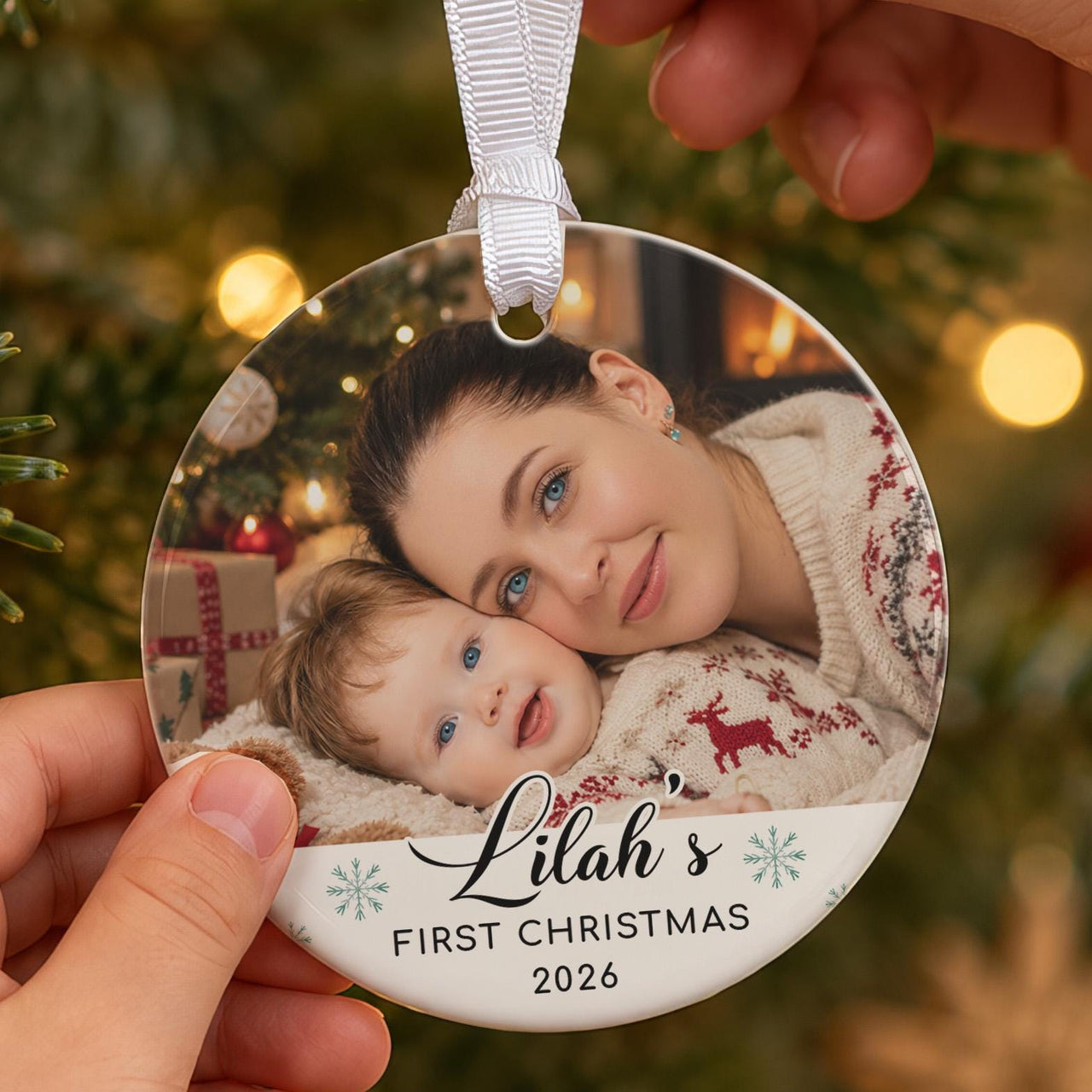 First Christmas photo bauble: round, mother and baby photo above Lilah's First Christmas 2026