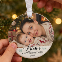 First Christmas photo bauble: round, mother and baby photo above Lilah's First Christmas 2026