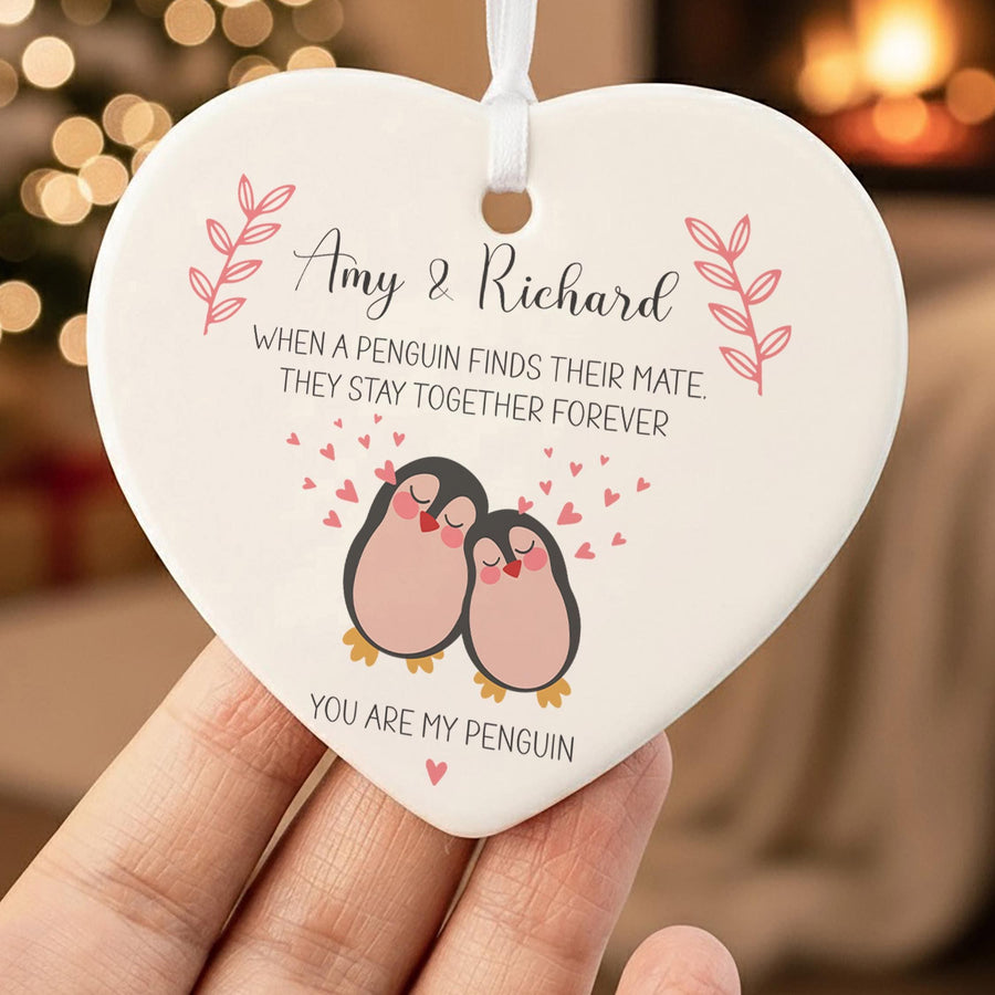 Personalised Penguin Couple Ceramic Heart Ornament - photo of the finished product