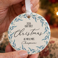 First Christmas Mr and Mrs bauble: blue-green leaf wreath, 2026 Our First Christmas as Mr & Mrs Chapman