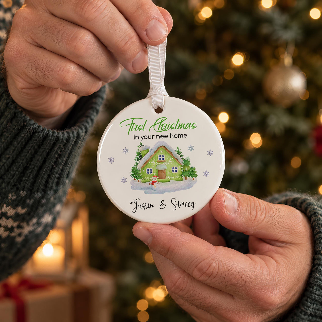 Personalised New Home Snowy Cottage Bauble - lifestyle