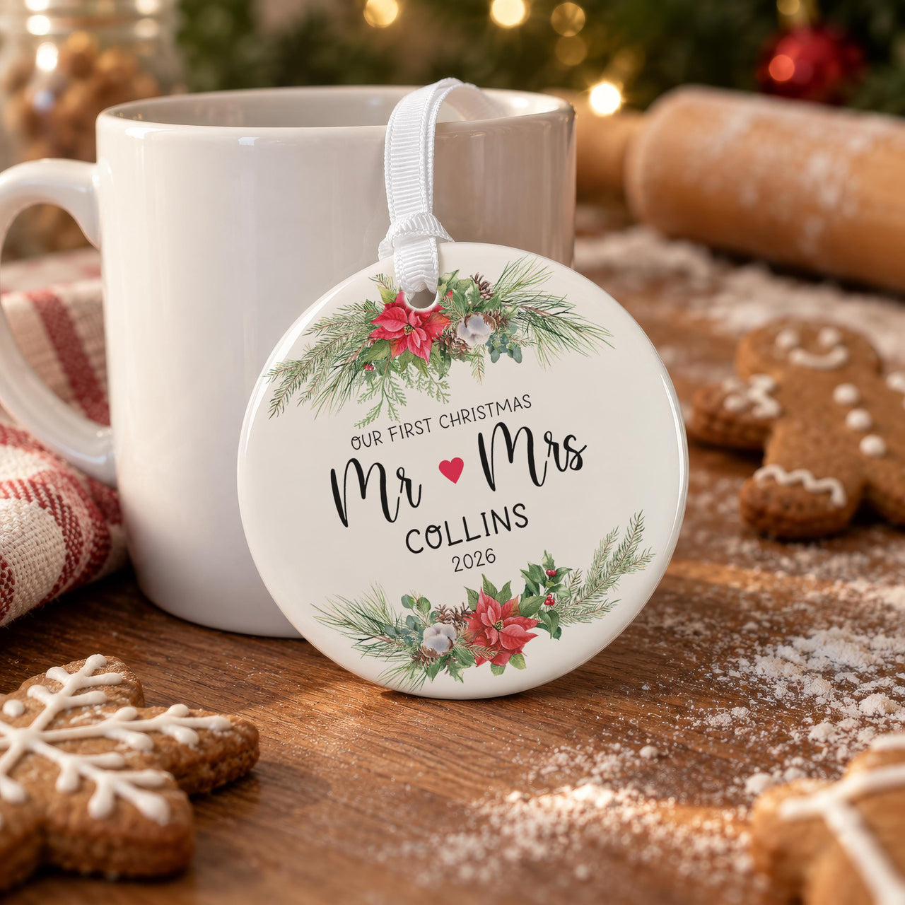 Personalised Poinsettia Married Ceramic Bauble - lifestyle