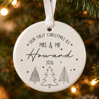 First Christmas married bauble: ceramic ornament with three line-art trees, stars and Mrs & Mr Howard 2026