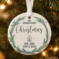 Family name ceramic bauble: pine wreath with blue berries, The Barker Family Christmas, Nur, Eden, Liam & Ryan