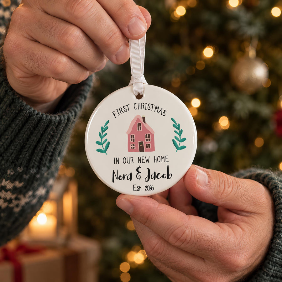 Personalised Pink House Ceramic Bauble - photo of the finished product
