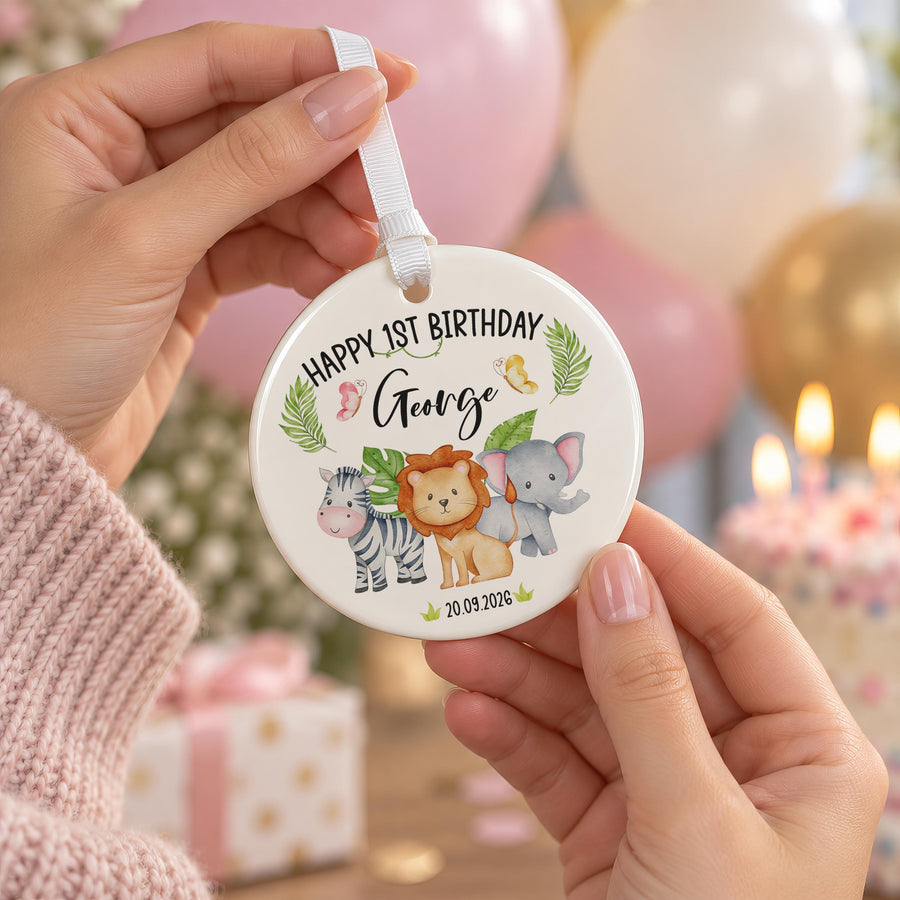 Personalised Jungle Animals 1st Birthday Ornament - photo of the finished product